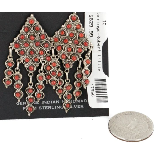 Handmade Navajo .925 Sterling Silver Coral Dangle Native American Earrings 17956 Handmade Navajo .925 Sterling Silver Coral Dangle Native American Earrings 17956