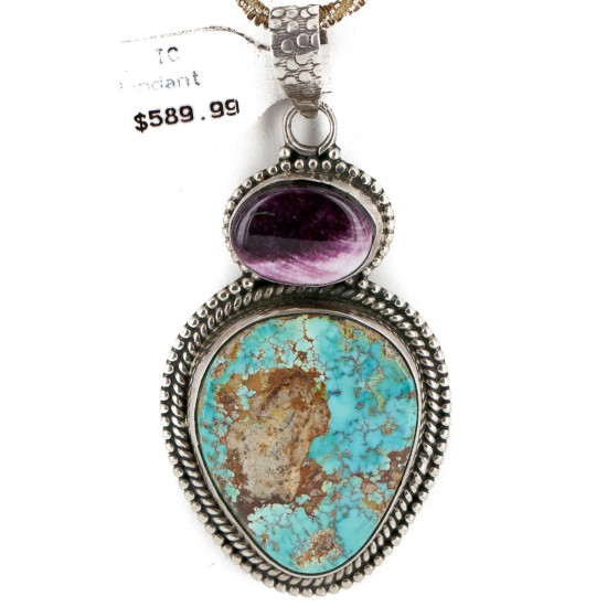 .925 Sterling Silver Handmade Certified Authentic Natural Turquoise and Purple Spiny Oyster Native American Necklace 10053-0