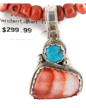 .925 Sterling Silver Handmade Certified Authentic Navajo Natural Turquoise Spiny Oyster Coral Native American Necklace 15926-25276