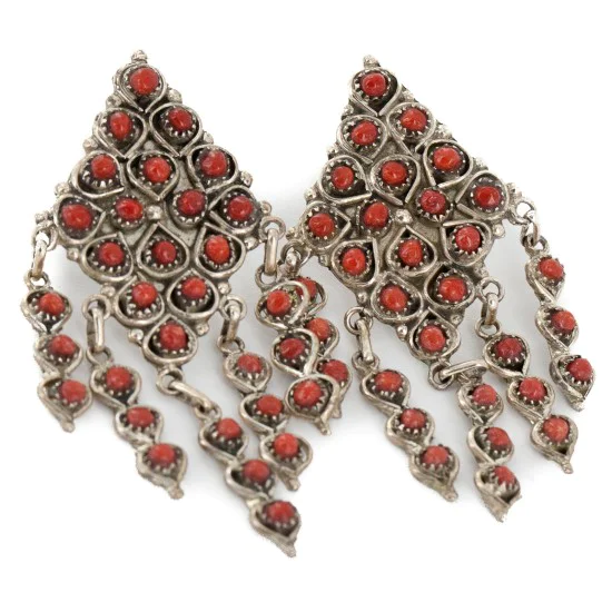 Handmade Navajo .925 Sterling Silver Coral Dangle Native American Earrings 17956 Handmade Navajo .925 Sterling Silver Coral Dangle Native American Earrings 17956