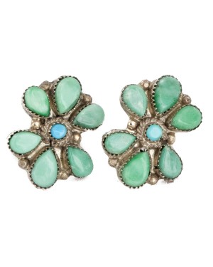 Handmade Certified Authentic Petit Point Flower Zuni .925 Sterling Silver Turquoise Stud Native American Earrings 27127