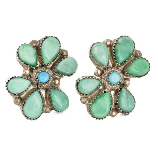 Handmade Certified Authentic Petit Point Flower Zuni .925 Sterling Silver Turquoise Stud Native American Earrings 27127