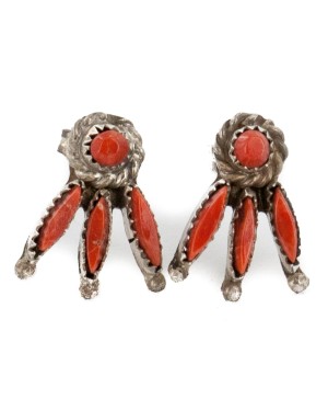 Handmade Certified Authentic Zuni .925 Sterling Silver Coral Stud Native American Earrings 27128
