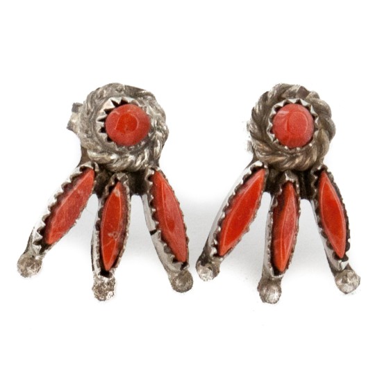 Handmade Certified Authentic Zuni .925 Sterling Silver Coral Stud Native American Earrings 27128
