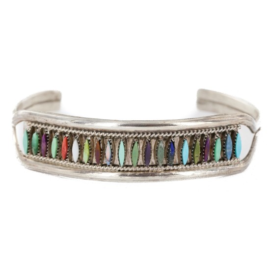Handmade Certified Authentic Zuni .925 Sterling Silver Natural Turquoise Multicolor Native American Bracelet 12665-0