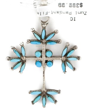 Handmade Cross Certified Authentic Zuni .925 Sterling Silver Petit Point Turquoise Quartz Native American Necklace  24367-16076-101