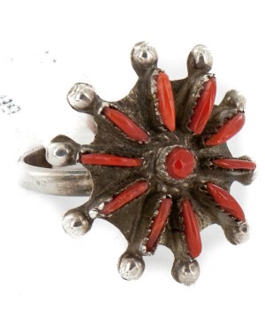 Handmade Petit Point Zuni Certified Authentic .925 Sterling Silver Coral Native American Ring  16275