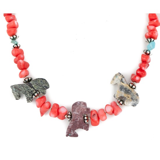 Certified Authentic Carved Horse Navajo .925 Sterling Silver Natural Turquoise Coral Jasper Native American Necklace 34061