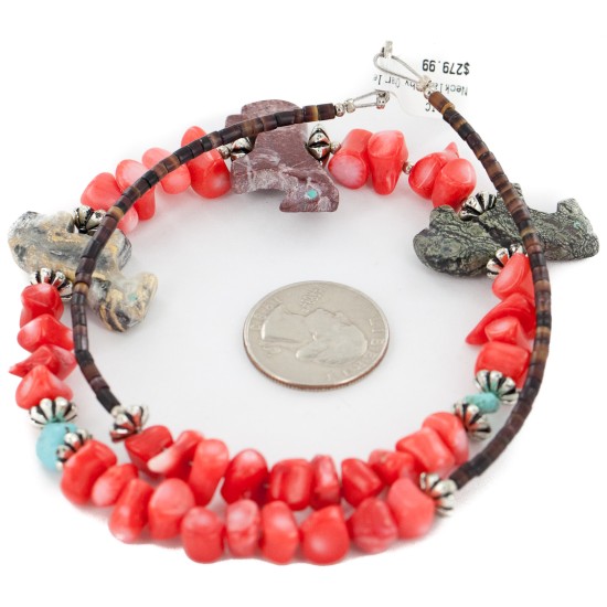 Certified Authentic Carved Horse Navajo .925 Sterling Silver Natural Turquoise Coral Jasper Native American Necklace 34061