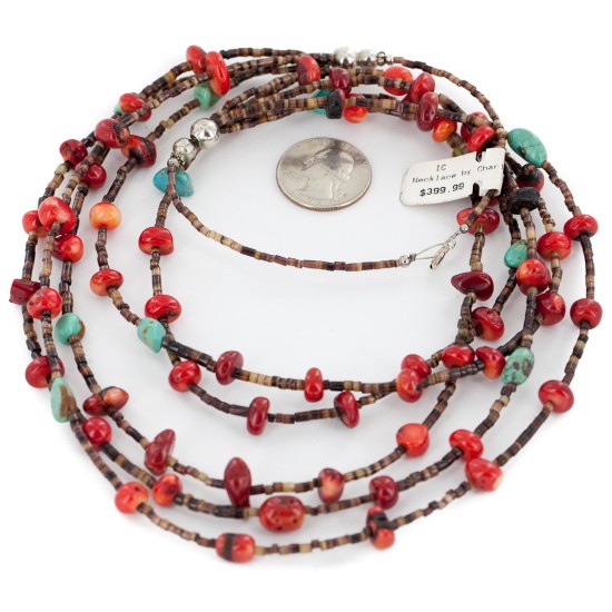 Certified Authentic 5 Strand Navajo .925 Sterling Silver Natural Turquoise Coral Native American Necklace 15775-1 Certified Authentic 5 Strand Navajo .925 Sterling Silver Natural Turquoise Coral Native American Necklace 15775-1