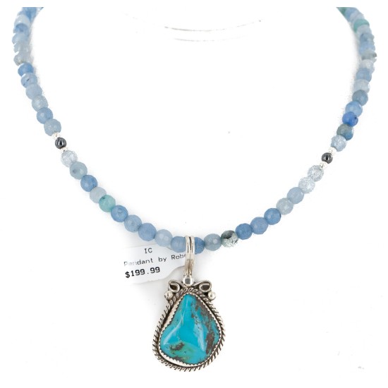 .925 Sterling Silver Handmade Certified Authentic Navajo Natural Turquoise Blue Quartz Native American Necklace 24394-2-16083-7