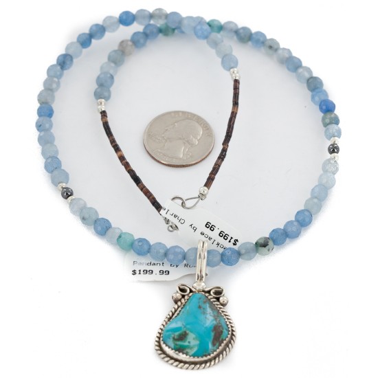 .925 Sterling Silver Handmade Certified Authentic Navajo Natural Turquoise Blue Quartz Native American Necklace 24394-2-16083-7