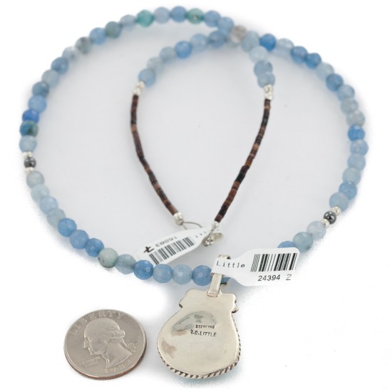 .925 Sterling Silver Handmade Certified Authentic Navajo Natural Turquoise Blue Quartz Native American Necklace 24394-2-16083-7