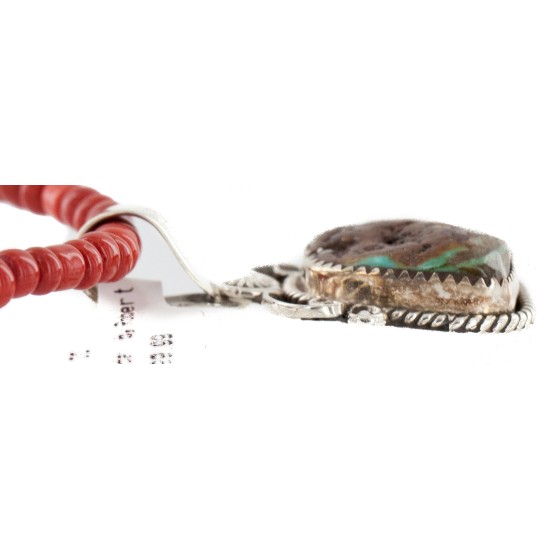 .925 Sterling Silver Handmade Certified Authentic Navajo Natural Turquoise Coral Native American Necklace 12816-16083