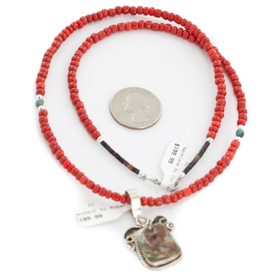 .925 Sterling Silver Handmade Certified Authentic Navajo Natural Turquoise Coral Native American Necklace 12816-16083