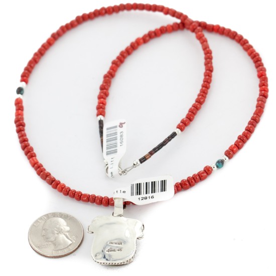 .925 Sterling Silver Handmade Certified Authentic Navajo Natural Turquoise Coral Native American Necklace 12816-16083