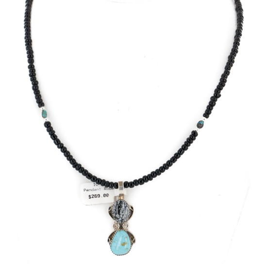.925 Sterling Silver Handmade Certified Authentic Navajo Natural Turquoise Snowflake stone Black Onyx Native American Necklace 14124-19-16083-3