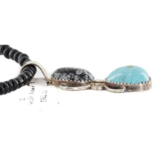 .925 Sterling Silver Handmade Certified Authentic Navajo Natural Turquoise Snowflake stone Black Onyx Native American Necklace 14124-19-16083-3