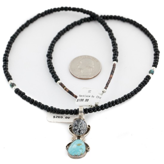 .925 Sterling Silver Handmade Certified Authentic Navajo Natural Turquoise Snowflake stone Black Onyx Native American Necklace 14124-19-16083-3