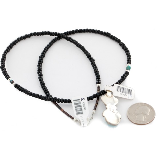.925 Sterling Silver Handmade Certified Authentic Navajo Natural Turquoise Snowflake stone Black Onyx Native American Necklace 14124-19-16083-3