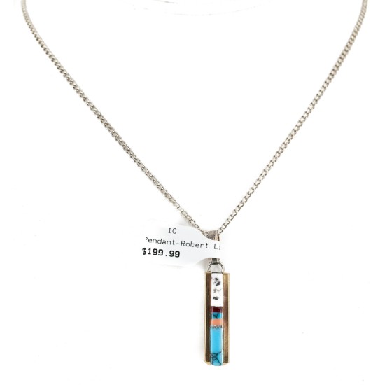Nickel Handmade Certified Authentic Navajo Inlay Natural Turquoise Coral Native American Necklace 24405-1