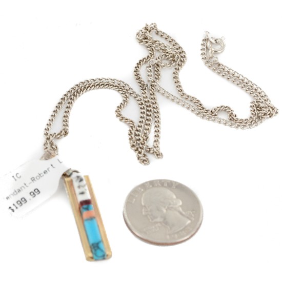 Nickel Handmade Certified Authentic Navajo Inlay Natural Turquoise Coral Native American Necklace 24405-1