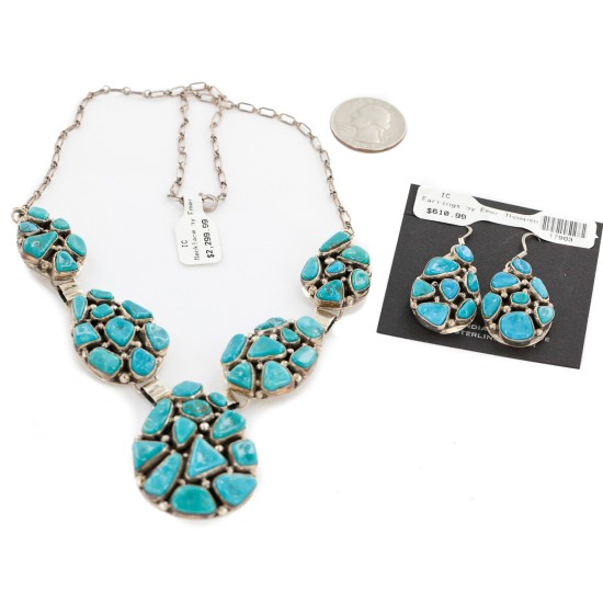 Handmade Certified Authentic Navajo .925 Sterling Silver Natural Turquoise Set Native American Necklace Earrings 15783-17903