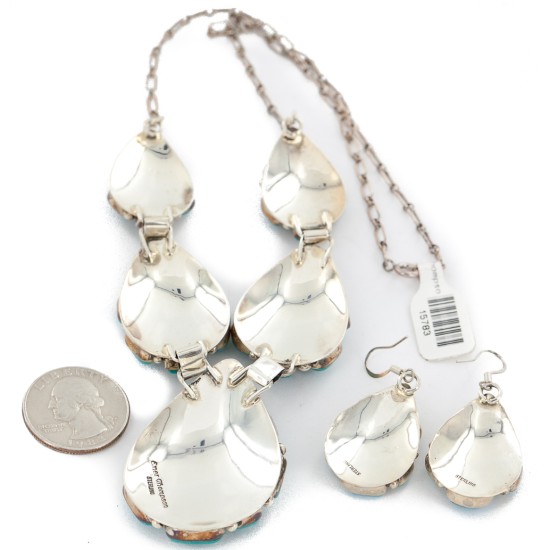 Handmade Certified Authentic Navajo .925 Sterling Silver Natural Turquoise Set Native American Necklace Earrings 15783-17903