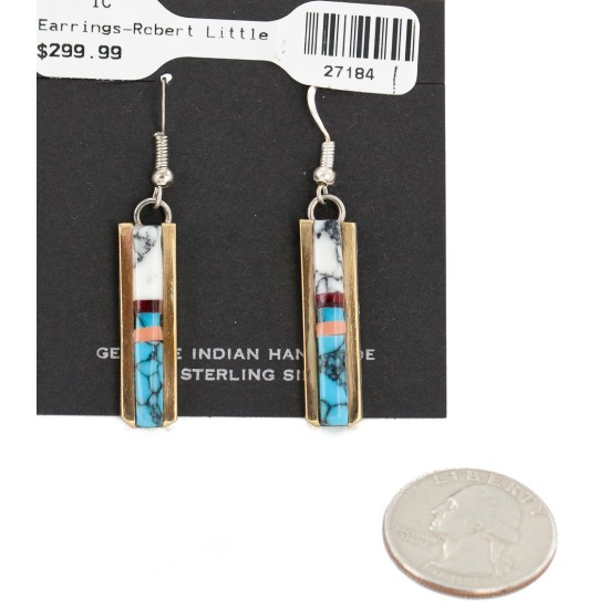Nickel Handmade Certified Authentic Navajo Inlay Natural Turquoise Coral Native American Earrings 27184-1