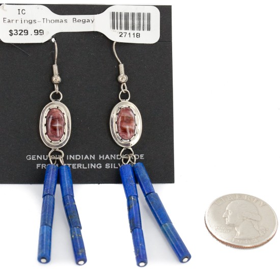 Handmade Certified Authentic Signed by .925 Sterling Silver Navajo Natural Spiny Oyster Lapis Dangle Native American Earrings 27118