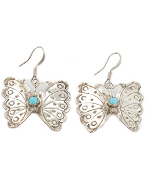 .925 Sterling Silver Handmade Butterfly Certified Authentic Signed Navajo Natural Turquoise Native American Earrings 17896