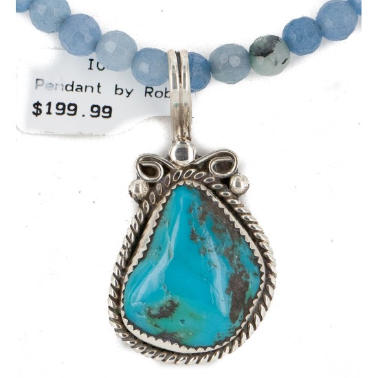 .925 Sterling Silver Handmade Certified Authentic Navajo Natural Turquoise Blue Quartz Native American Necklace 24394-2-16083-7
