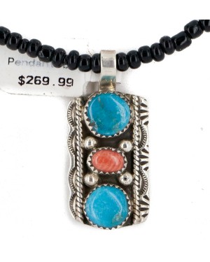 .925 Sterling Silver Handmade Certified Authentic Navajo Natural Turquoise Coral Black Onyx Native American Necklace 12556-8-16083-4