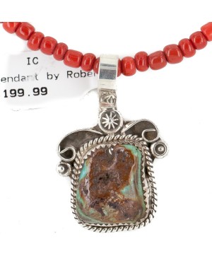 .925 Sterling Silver Handmade Certified Authentic Navajo Natural Turquoise Coral Native American Necklace 12816-16083