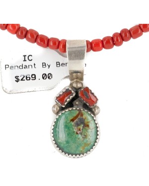.925 Sterling Silver Handmade Certified Authentic Navajo Natural Turquoise Coral Native American Necklace 14164-12-16083-1