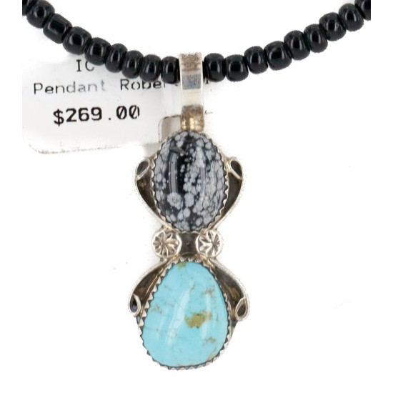 .925 Sterling Silver Handmade Certified Authentic Navajo Natural Turquoise Snowflake stone Black Onyx Native American Necklace 14124-19-16083-3