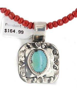 .925 Sterling Silver Nickel Handmade Certified Authentic Navajo Natural Turquoise Coral Native American Necklace 12811-3-16083-8