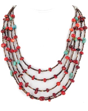 Certified Authentic 5 Strand Navajo .925 Sterling Silver Natural Turquoise Coral Native American Necklace 15775-1 Certified Authentic 5 Strand Navajo .925 Sterling Silver Natural Turquoise Coral Native American Necklace 15775-1