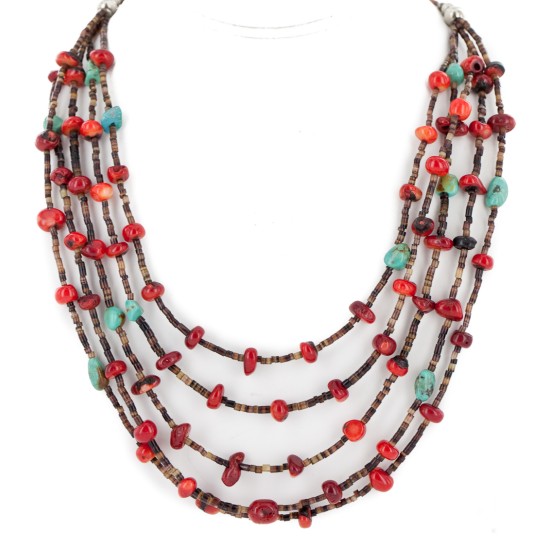 Certified Authentic 5 Strand Navajo .925 Sterling Silver Natural Turquoise Coral Native American Necklace 15775-1 Certified Authentic 5 Strand Navajo .925 Sterling Silver Natural Turquoise Coral Native American Necklace 15775-1