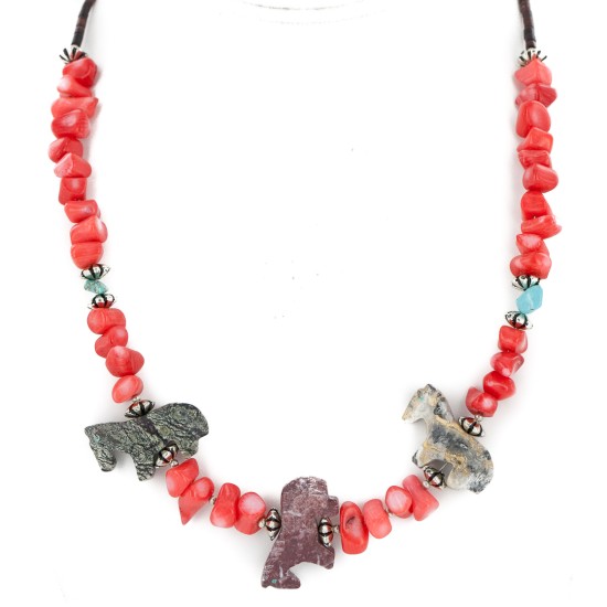 Certified Authentic Carved Horse Navajo .925 Sterling Silver Natural Turquoise Coral Jasper Native American Necklace 34061