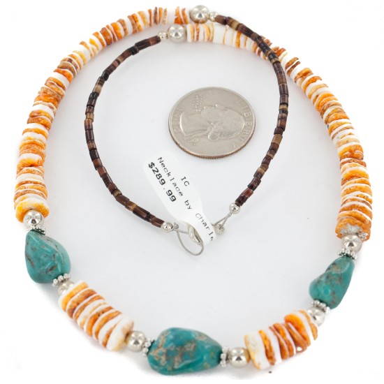Certified Authentic Navajo .925 Sterling Silver Natural Graduated Spiny Oyster Turquoise Native American Necklace 34060