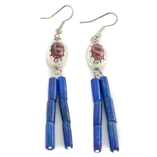 Handmade Certified Authentic Signed by .925 Sterling Silver Navajo Natural Spiny Oyster Lapis Dangle Native American Earrings 27118