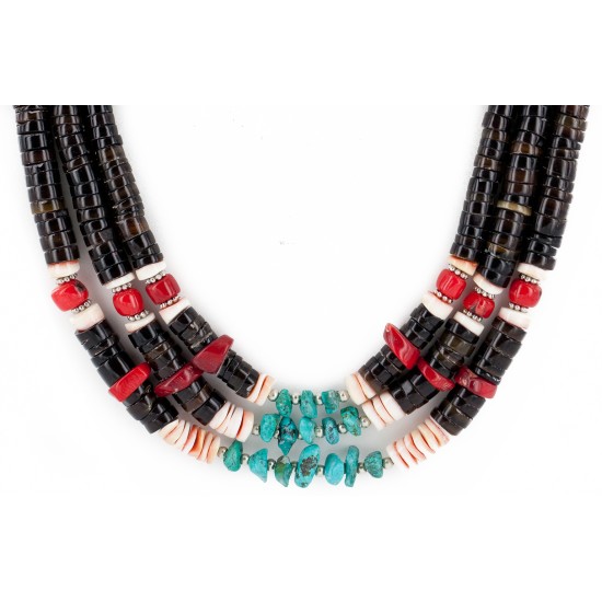 Certified Authentic 3 Strand Navajo .925 Sterling Silver Natural Turquoise Heishi Coral Native American Necklace 16085