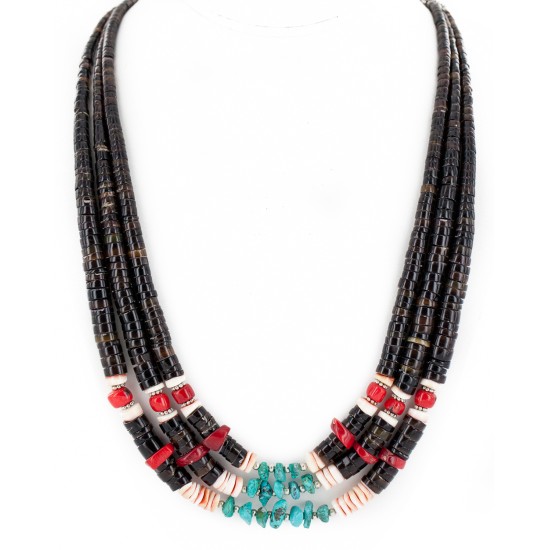 Certified Authentic 3 Strand Navajo .925 Sterling Silver Natural Turquoise Heishi Coral Native American Necklace 16085