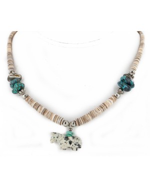 Certified Authentic Carved Horse Navajo .925 Sterling Silver Natural Turquoise Graduated Melon Shell Jasper Native American Necklace 15778-37