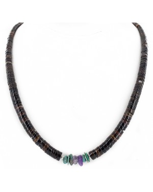 Certified Authentic Navajo .925 Sterling Silver Natural Turquoise Heishi Amethyst Native American Necklace 25285-1