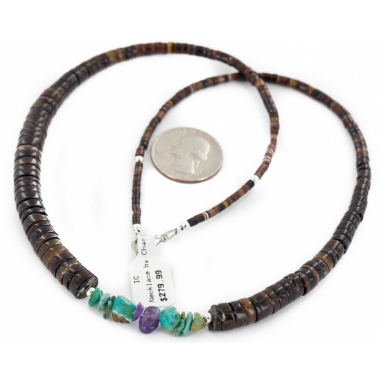 Certified Authentic Navajo .925 Sterling Silver Natural Turquoise Heishi Amethyst Native American Necklace 25285-2