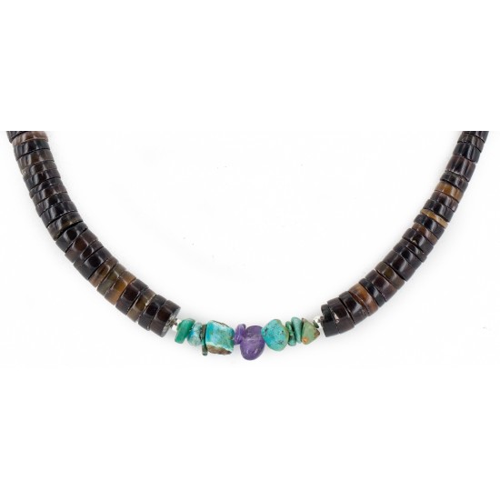 Certified Authentic Navajo .925 Sterling Silver Natural Turquoise Heishi Amethyst Native American Necklace 25285-2