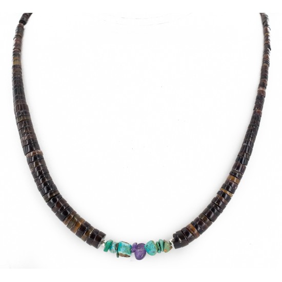 Certified Authentic Navajo .925 Sterling Silver Natural Turquoise Heishi Amethyst Native American Necklace 25285-2