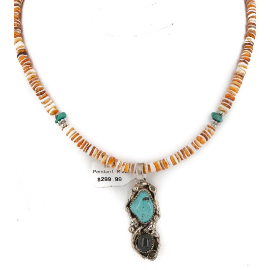 Certified Authentic .925 Sterling Silver Handmade Navajo Natural Turquoise Agate Spiny Oyster Native American Necklace 15939-4-25277